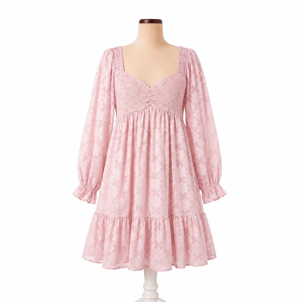 Floral Fairy Sheer Burnout Peasant Dress Size L Pink Long Sleeve Ethereal Boho‎